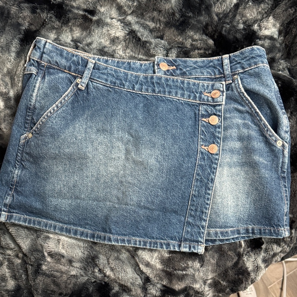 Free People Blue Denim Mini Skirt with Button Accents